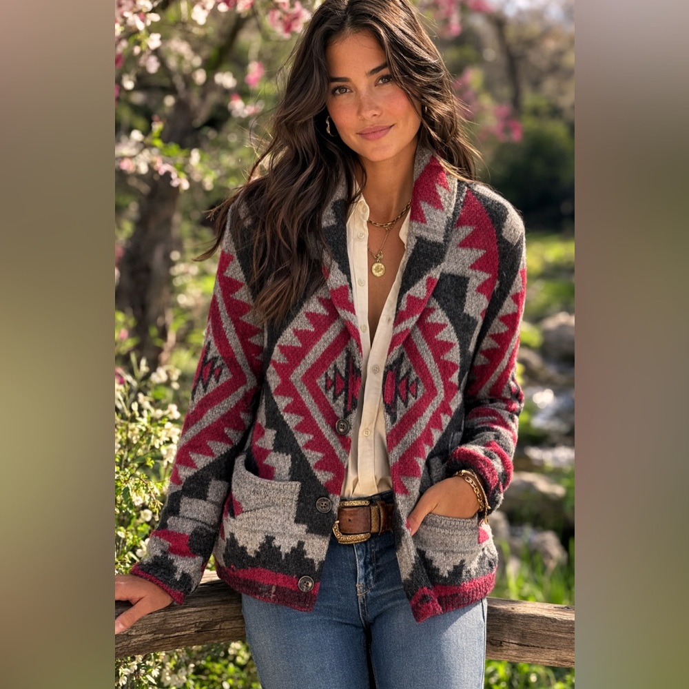 Denim & Supply Ralph Lauren Gray & Red Aztec Knit Cardigan